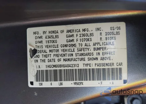 2006 Honda Accord 3.0 Ex from USA, damaged, VIN 1HGCM668X6A042312